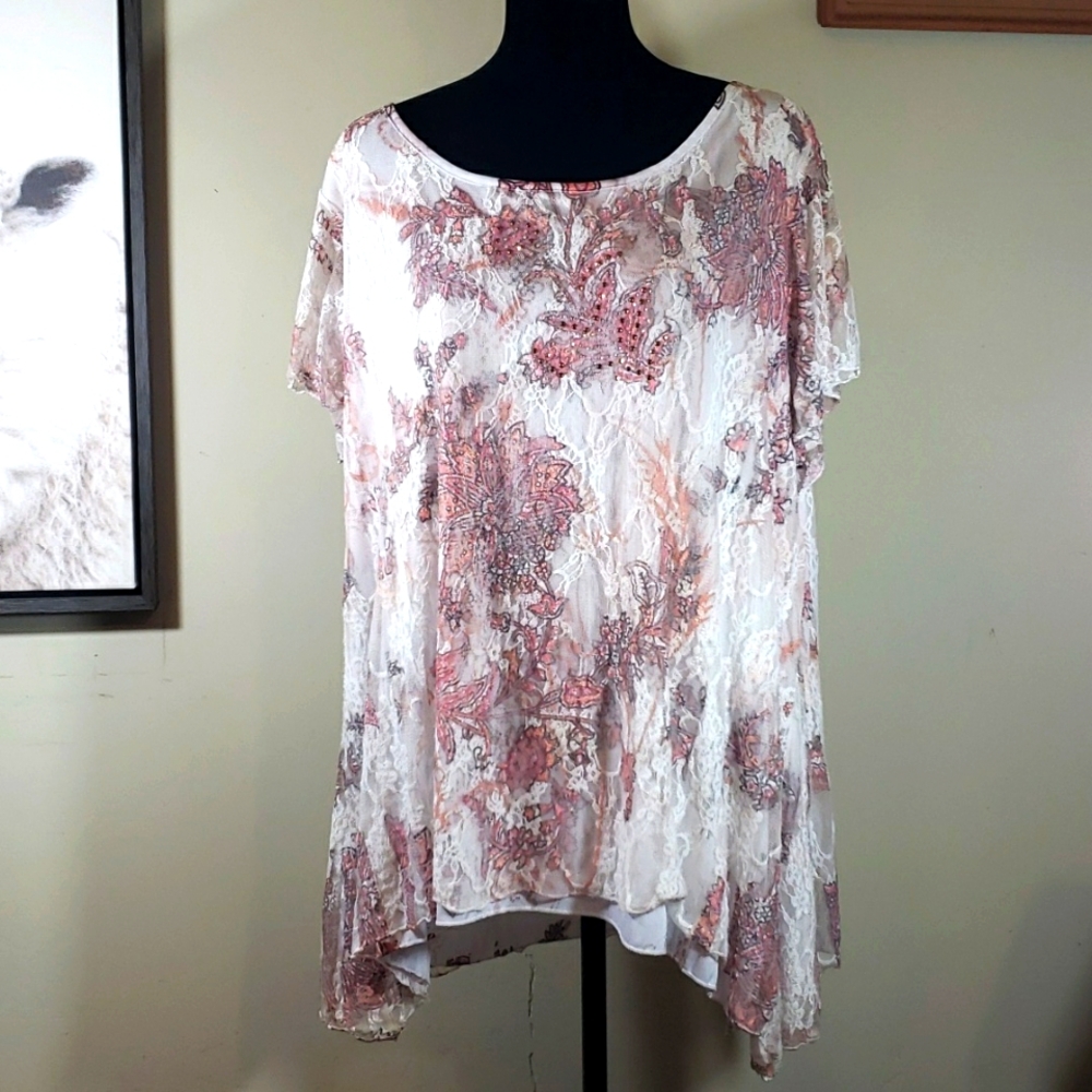 Roz & Ali 3x lace overlay top with jewels pink NWOT